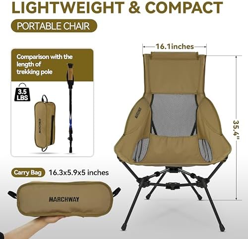 MARCHWAY Lightweight Folding High Back Camping Chair with Head Support, Stable Portable Compact for Outdoor Camp, Travel, Beach, Picnic, Festival, Hiking, Backpacking (Highback Khaki) - Image 3