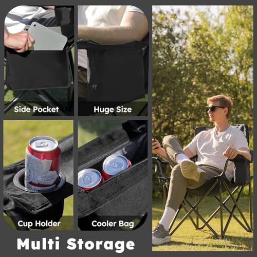 Oversized Camping Chairs 2 Pack - 450lbs Support Heavy Duty Folding Camp Chair Wide Portable Outside Collapsible Chairs with Carry Bag,Cooler,Cup Holder for Outdoor,Lawn,Sports,Baseball,Soccer-Black - Image 6